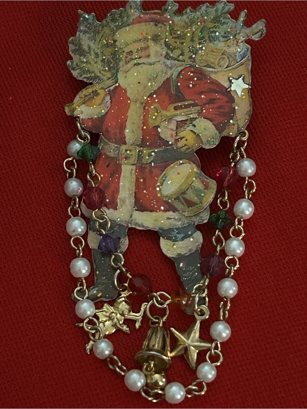 Vintage Watta Santa Claus Dangle Brooch Pin Christmas Pearls Charms